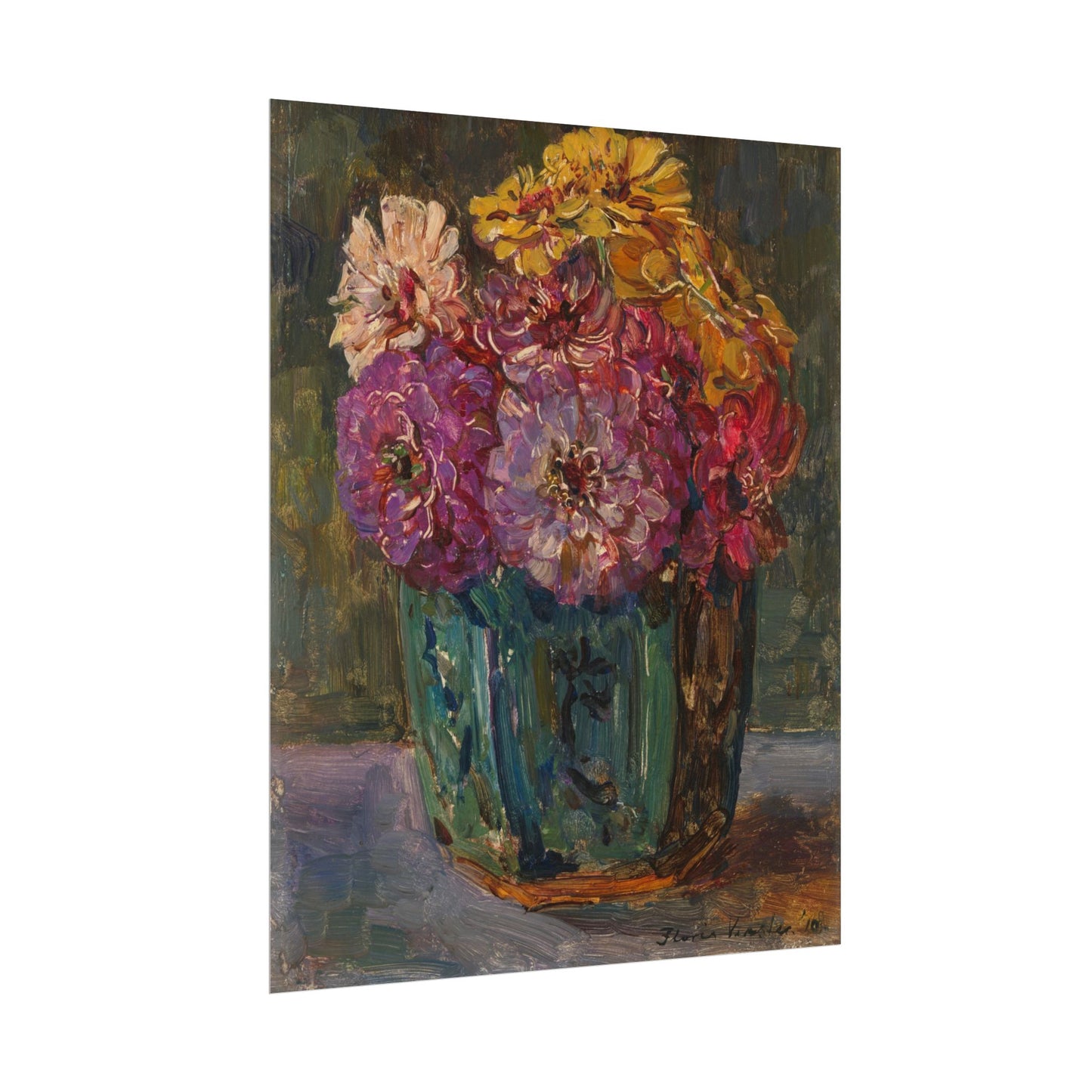 Still Life with Zinnias in a Green Jar
