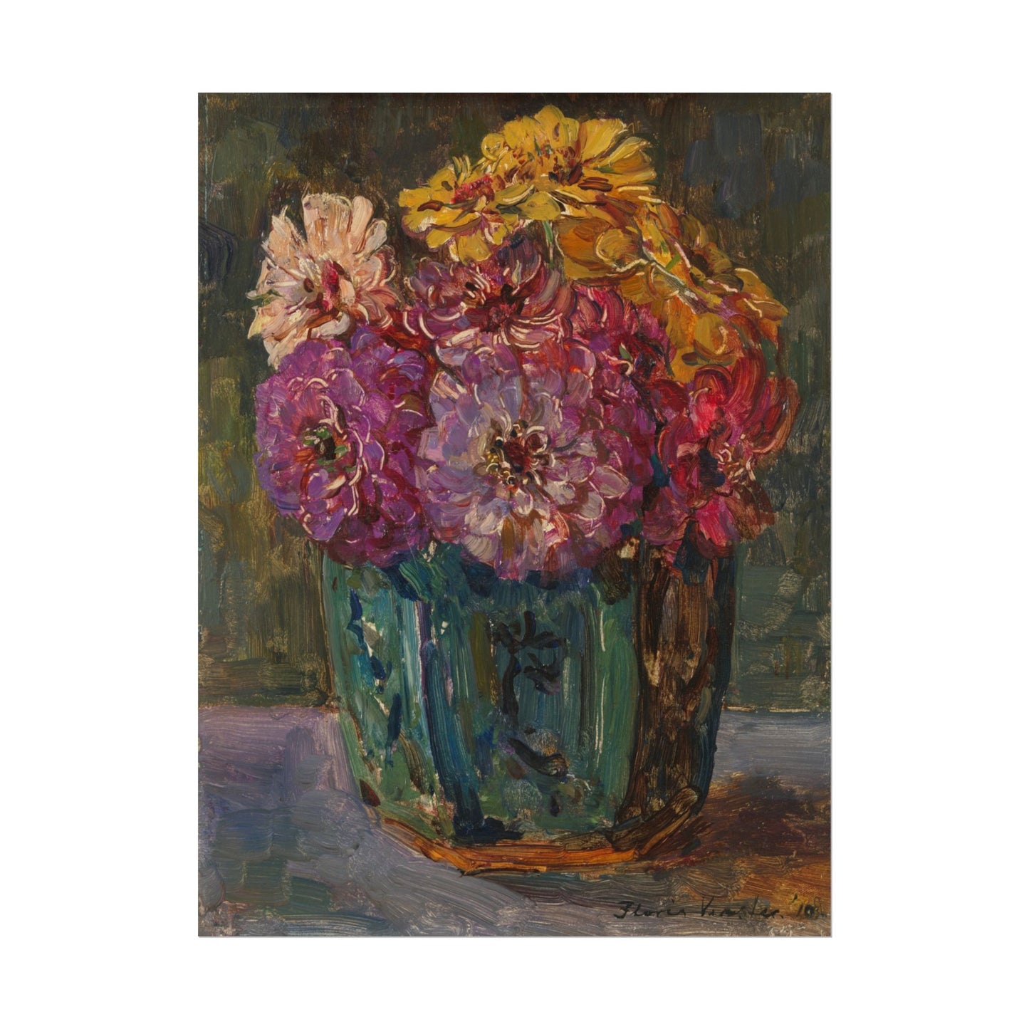 Still Life with Zinnias in a Green Jar